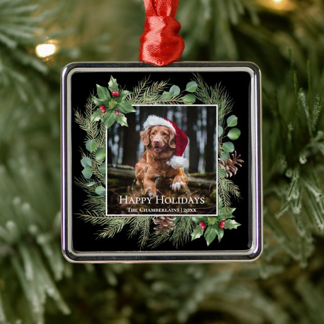 Happy Holidays Pet Photo Wreath  Ornament Aus Metall (Baum)