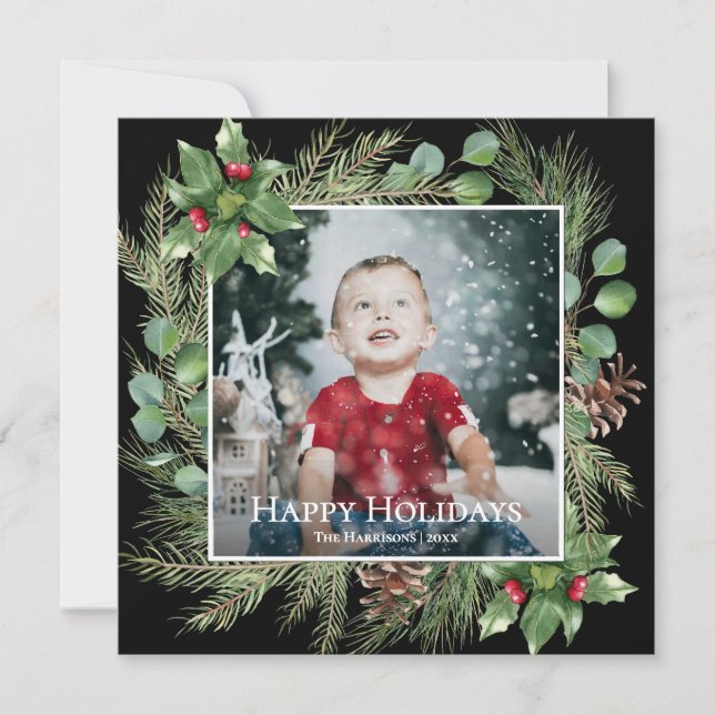 Happy Holidays Photo Greenery Square Feiertagskarte (Vorderseite)