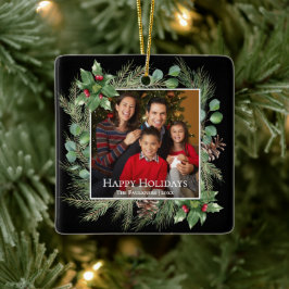 Happy Holidays Photo Wreath Greenery  Keramikornament