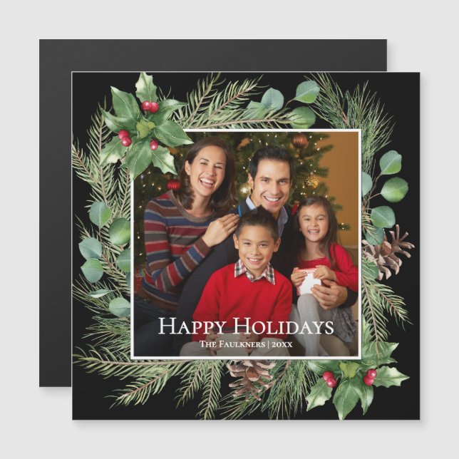 Happy Holidays Photo Wreath Greenery Magnetic Card Magnetkarte (Vorne/Hinten)