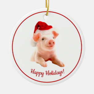 Happy Holidays Pig mit Weihnachtsmannmütze Keramik Ornament