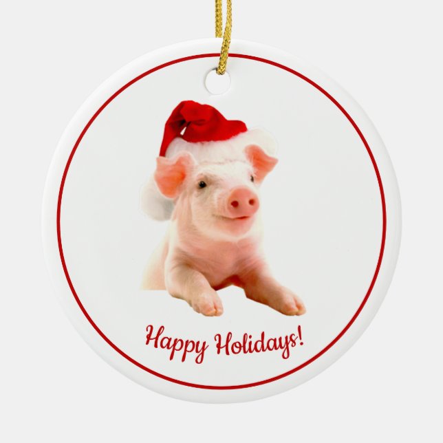 Happy Holidays Pig mit Weihnachtsmannmütze Keramik Ornament (Vorne)