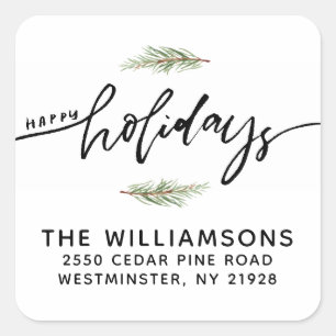 Happy Holidays Pine Bough Rücksendeadresse Quadratischer Aufkleber