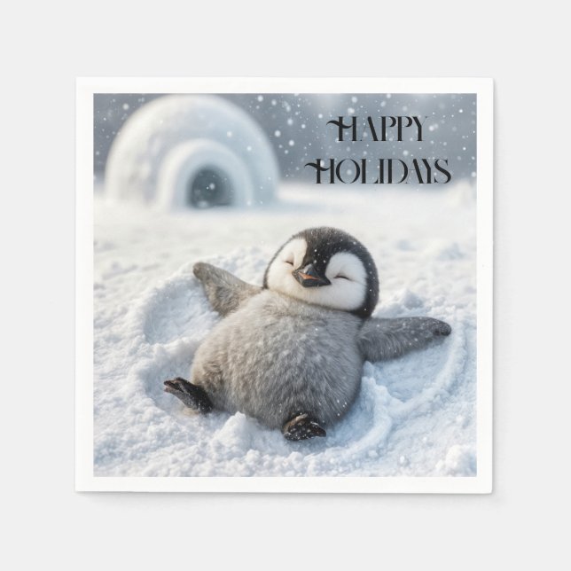 Happy Holidays Pinguin Chick Beim Schnee Engel Serviette (Vorderseite)