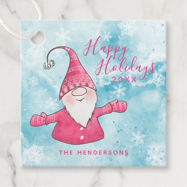 Happy Holidays Pink and Blue Niedlich Gnome Weihna Geschenkanhänger (Vorderseite)