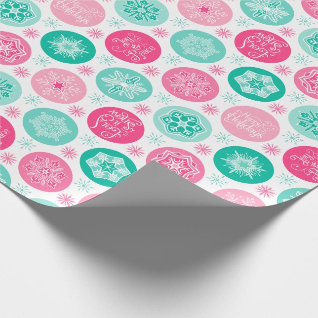 Happy Holidays Pink Aquamarine Schneeflocken Geschenkpapier (Ecke)