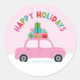 Happy Holidays Pink Car with Gifts in Pastel Pink Runder Aufkleber