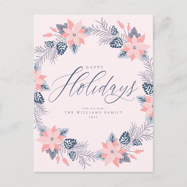 Happy Holidays Pink Poinsettia Wreath Postkarte (Vorderseite)
