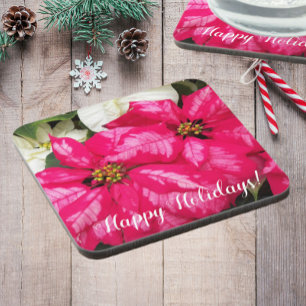 Happy Holidays Pink Poinsettias Floral Getränkeuntersetzer