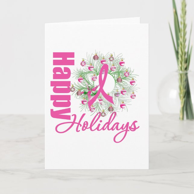 Happy Holidays Pink Ribbon Wreath Feiertagskarte (Vorderseite)