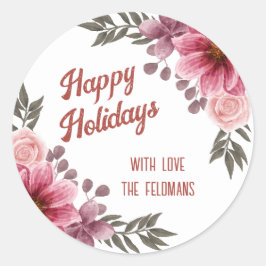 Happy Holidays Pink Roses Burgundy Cosmos Runder Aufkleber