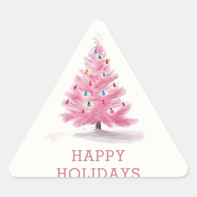 Happy Holidays Pink Weihnachtsbaum Modern Dreieckiger Aufkleber (Vorderseite)