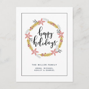 Happy Holidays Pink Wreath Feiertagspostkarte