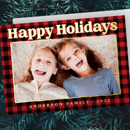 Happy Holidays Plaid Pattern Family Photo Folien Feiertagskarte