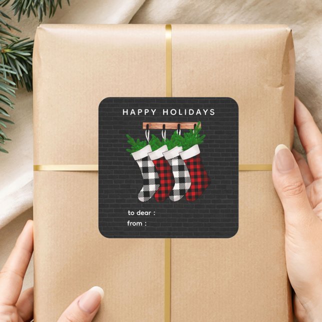 Happy Holidays Plaid Stockings Holiday Gift Label  Quadratischer Aufkleber (Von Creator hochgeladen)