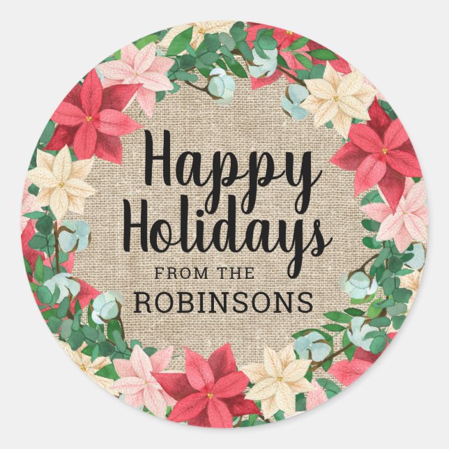 Happy Holidays Poinsettia Brown Burlap Runder Aufkleber (Vorderseite)