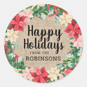 Happy Holidays Poinsettia Brown Burlap Runder Aufkleber