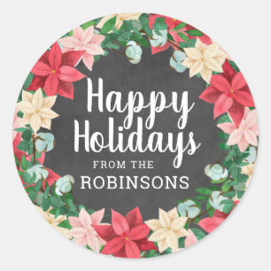 Happy Holidays Poinsettia Chalkboard Runder Aufkleber