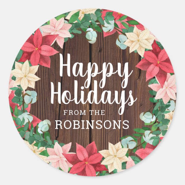 Happy Holidays Poinsettia Dark Wood Runder Aufkleber (Vorderseite)