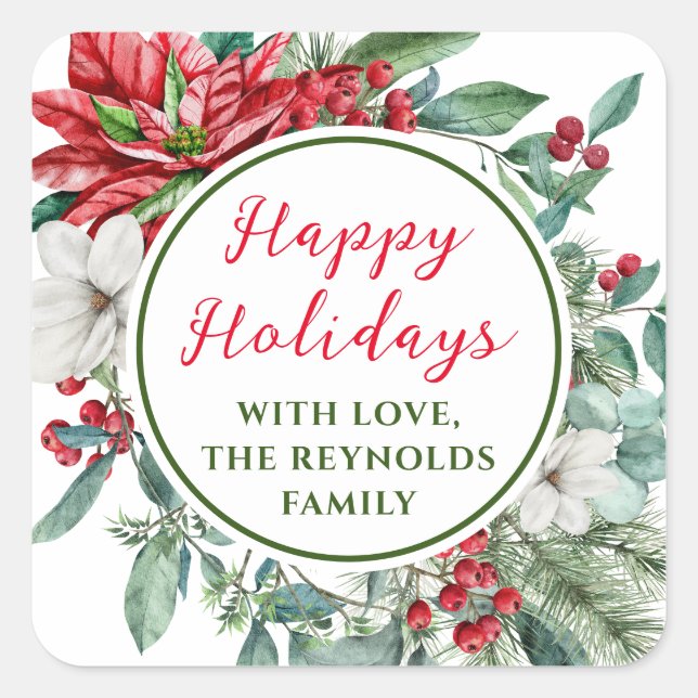 Happy Holidays Poinsettia Floral Bevorzugung Quadratischer Aufkleber (Vorderseite)
