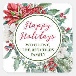 Happy Holidays Poinsettia Floral Bevorzugung Quadratischer Aufkleber