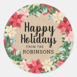 Happy Holidays Poinsettia Kraft Paper Runder Aufkleber