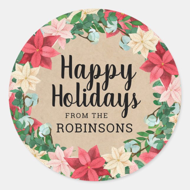 Happy Holidays Poinsettia Kraft Paper Runder Aufkleber (Vorderseite)