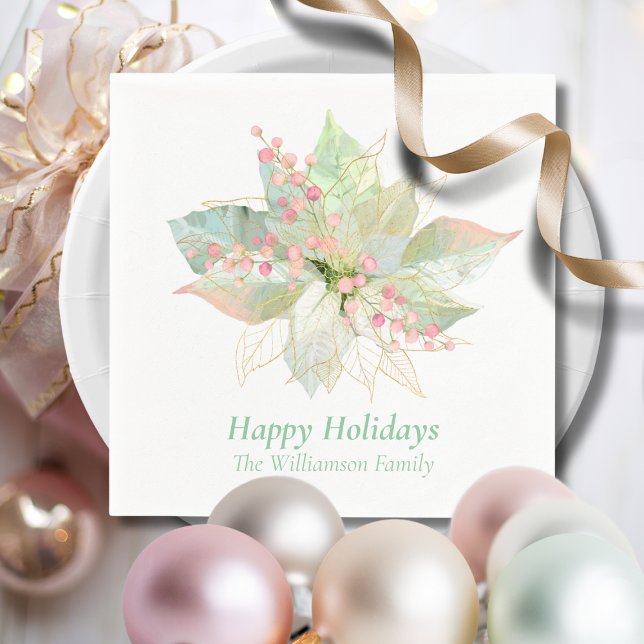 Happy Holidays Poinsettia Pastel Personalisiert Serviette (Von Creator hochgeladen)