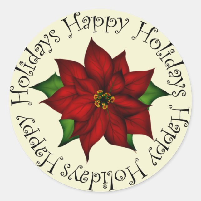 Happy Holidays Poinsettia Runder Aufkleber (Vorderseite)