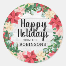 Happy Holidays Poinsettia White Wood