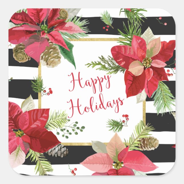 Happy Holidays Poinsettias, Black Stripe Stickers (Vorderseite)
