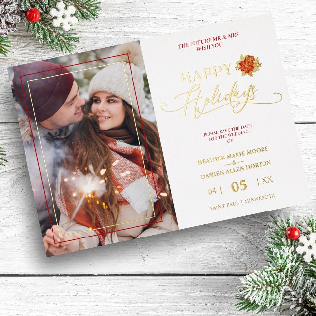 Happy Holidays Poinsettias Wreath Foto Wedding Folieneinladung (Von Creator hochgeladen)