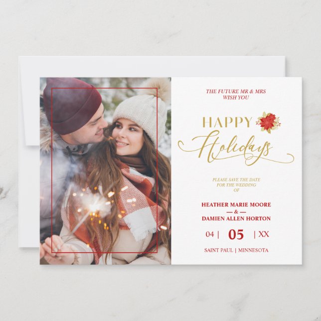 Happy Holidays Poinsettias Wreath Photo Wedding Save The Date (Vorderseite)