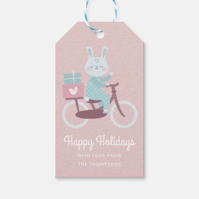 Happy Holidays Rabbit Reiten Fahrrad Personalisier Geschenkanhänger (Vorderseite)