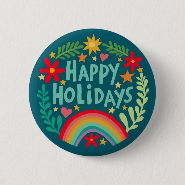 Happy Holidays Rainbow Niedlich Hand gezeichnet fa Button (Vorderseite)