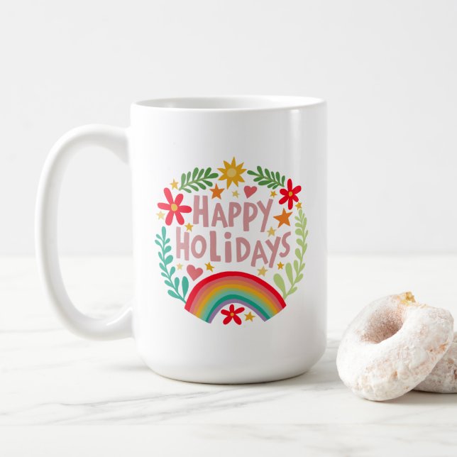 Happy Holidays Rainbow Niedlich Hand gezeichnet fa Kaffeetasse (Mit Donut)