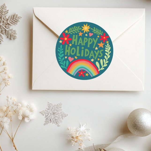 Happy Holidays Rainbow Niedlich Hand gezeichnet fa Runder Aufkleber (Happy Holidays Rainbow Cute Hand-drawn Colorful Classic Round Sticker
)