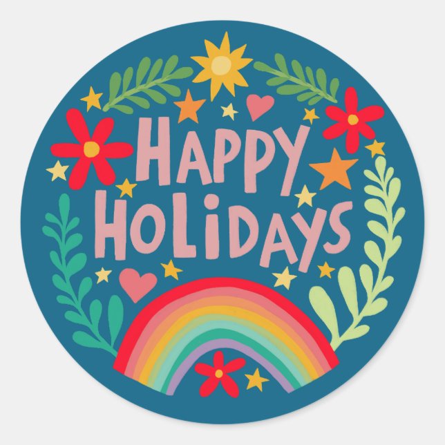 Happy Holidays Rainbow Niedlich Hand gezeichnet fa Runder Aufkleber (Vorderseite)