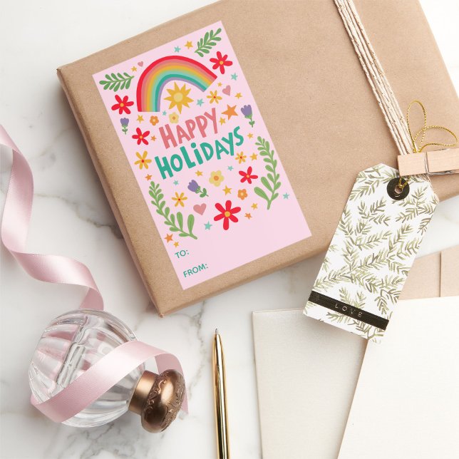 Happy Holidays Rainbow Niedliche CUSTOM TO Rechteckiger Aufkleber (Happy Holidays Rainbow Cute CUSTOM TO FROM hand-drawn colorful Rectangular Sticker
)