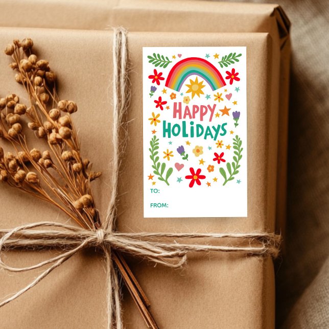 Happy Holidays Rainbow Niedliche CUSTOM TO Rechteckiger Aufkleber (Happy Holidays Rainbow Cute CUSTOM TO FROM Rectangular Colorful Hand Drawn Sticker
)