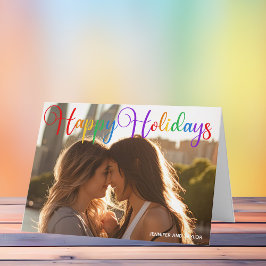 Happy Holidays Rainbow Script LGBT Couple Foto Feiertagskarte