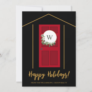 Happy Holidays Real Anwesen Monogram Door Wreath Feiertagskarte