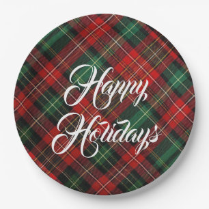 Happy Holidays Red and Green Tartan Kariert Pappteller