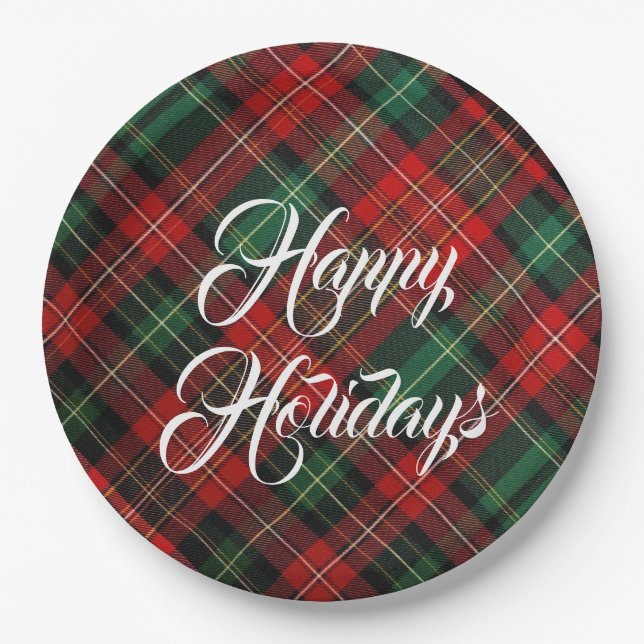 Happy Holidays Red and Green Tartan Kariert Pappteller (Vorderseite)