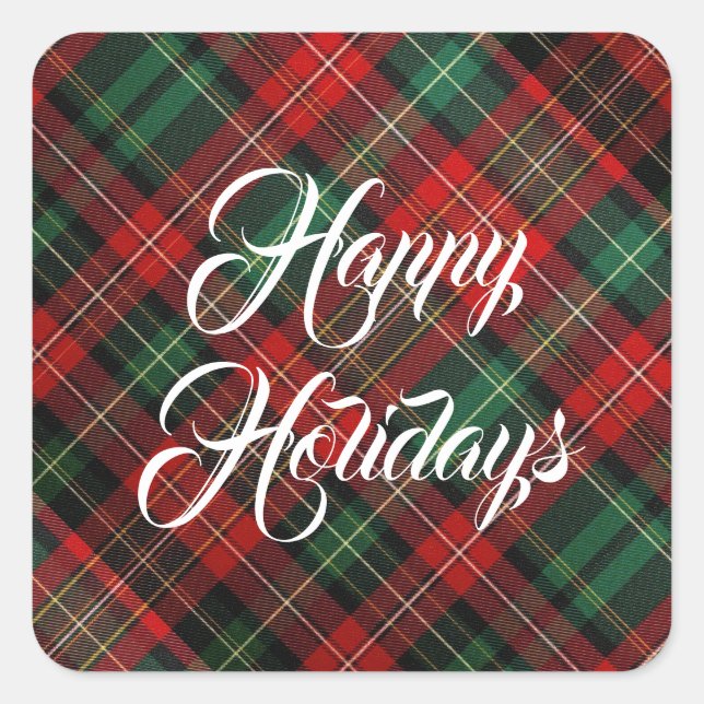 Happy Holidays Red and Green Tartan Kariert Quadratischer Aufkleber (Vorderseite)