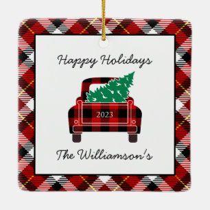 Happy Holidays Red Black Kariert Truck Tree Custom Keramikornament
