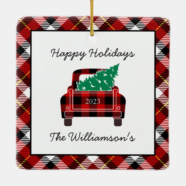 Happy Holidays Red Black Kariert Truck Tree Custom Keramikornament (Rückseite)