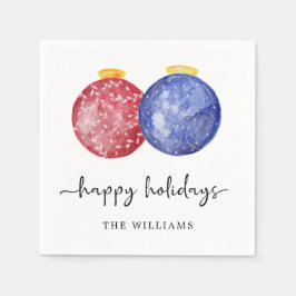 Happy Holidays Red Blue Watercolor Ornaments Chic Serviette