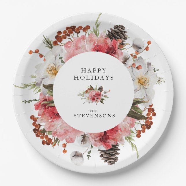 Happy Holidays Red Floral Personalisiert Pappteller (Vorderseite)