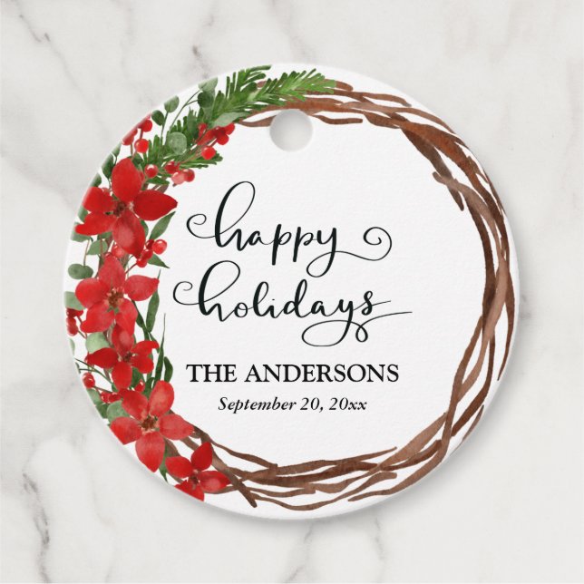 Happy Holidays Red Floral Watercolor Wreath Geschenkanhänger (Vorderseite)
